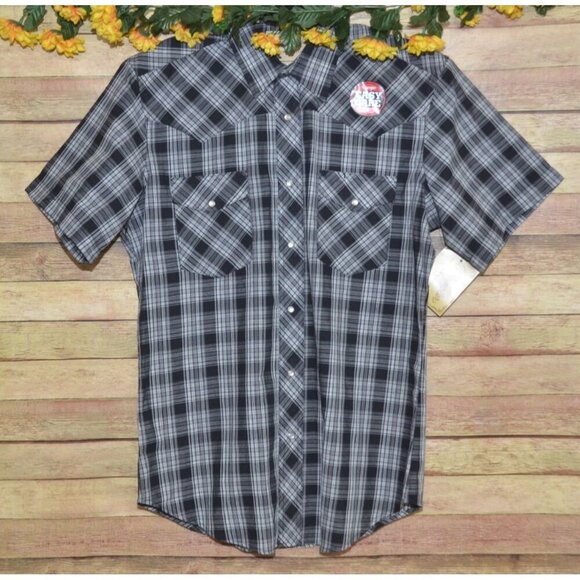NWT Wrangler Western Button Up Shirt Men's L Short Sleeve Black Plaid Pearl Snap - Picture 1 of 10